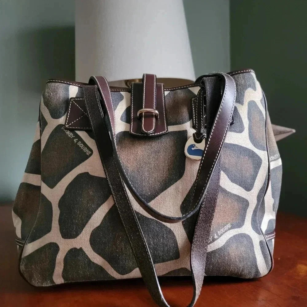 Dooney & Bourke Giraffe Print Safari Tote Brown Leather Canvas Bag - Picture 2 of 16